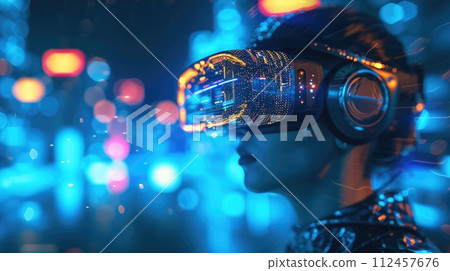 VR glasses. Woman with virtual reality headset stands illuminated by vibrant neon lights, suggesting futuristic technology. Generative AI 112457676