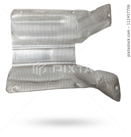 Heat shield made of aluminum to protect vehicle body parts from hot exhaust. Car spare parts catalog. Thermal insulation. 112457706