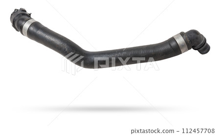Black rubber hose of the car engine cooling system on a white isolated background in a photo studio for replacement during repair or for a catalog of spare parts for sale on auto disassembly. Black rubber hose of the car engine cooling system on a white isolated background in a photo studio for replacement during repair or for a catalog of spare parts for sale on auto disassembly. 112457708