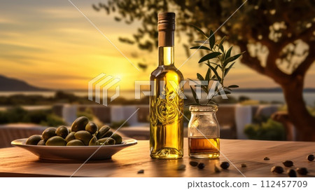 Olives and olive oil on rural landscape. Generative AI Olives and olive oil on rural landscape. Generative AI 112457709