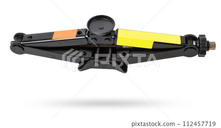 Black metal jack on white background in a car service. A lifting device that locks the car at a predetermined height for mounting, diagnosing and repairing the suspension without a lift tool for sale. Black metal jack on white background in a car service. A lifting device that locks the car at a predetermined height for mounting, diagnosing and repairing the suspension without a lift tool for sale. 112457719