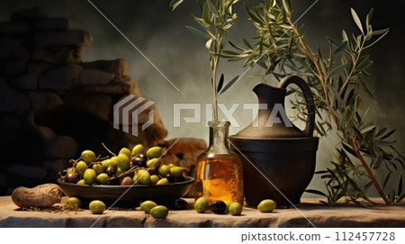 Olives and olive oil on rural rustic background. Generative AI 112457728