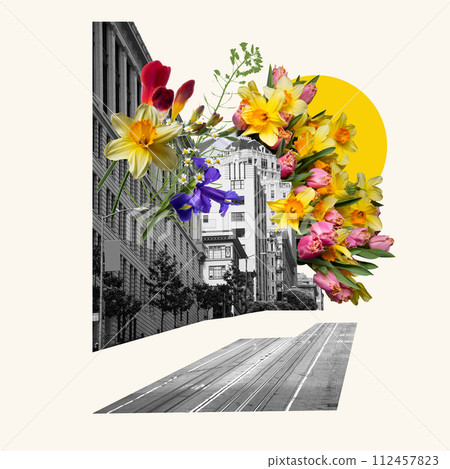 Creative collage with black and white photo of urban street, building and colorful flowers. Social media post for travel agency, tourism bureau 112457823