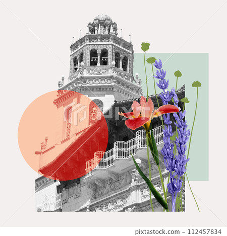 Creative collage of historic building with ornate tower with bells and vivid flowers. Advertisement for cultural heritage tours focusing on historical architecture. 112457834