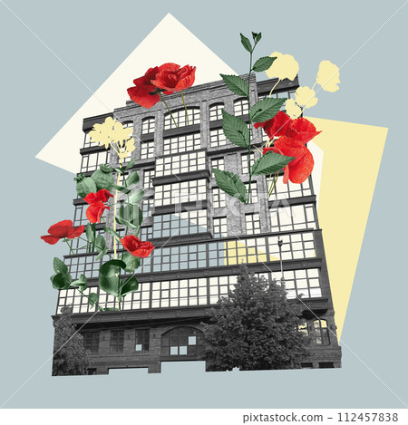 Creative collage with black and white photo of classic building and various colorful flowers. Classic building with modern aesthetic 112457838