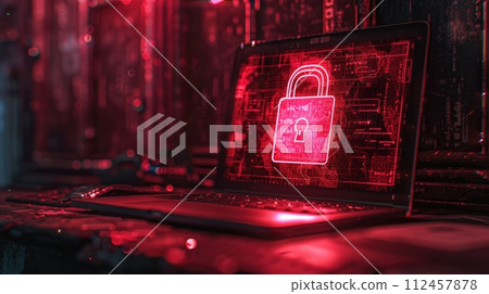 Cybersecurity. Padlock on a desk displaying on Laptop. Cyber attack on computer network, Virus, Spyware, Malware or Malicious software. Cybercrime. Compromised information internet. Generative AI 112457878