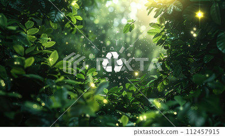 Green recycling symbol with sunrise over a field with wind turbines. Green energy solutions and sustainable power engineering and eco-friendly technology. Generative AI Green recycling symbol with sunrise over a field with wind turbines. Green energy solutions and sustainable power engineering and eco-friendly technology. Generative AI 112457915