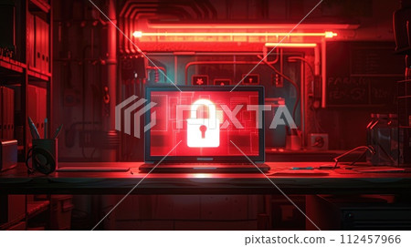 Cybersecurity. Padlock on a desk displaying on Laptop. Cyber attack on computer network, Virus, Spyware, Malware or Malicious software. Cybercrime. Compromised information internet. Generative AI Cybersecurity. Padlock on a desk displaying on Laptop. Cyber attack on computer network, Virus, Spyware, Malware or Malicious software. Cybercrime. Compromised information internet. Generative AI 112457966