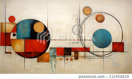 Abstract blend of textured geometric shapes and circles, modern style. Modern abstract painting featuring a dynamic composition of geometric shapes in bold, vibrant colors on canvas. 112458029