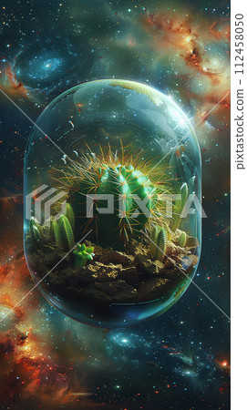 Solitary cactus in a self-sustaining terrarium, adrift in the vast galaxy 112458050