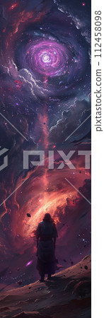 In the nebula's shadow, a ninja confronts a dark natural entity 112458098