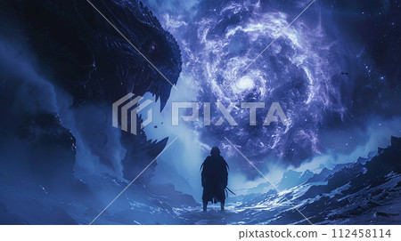 In the shadows, a ninja confronts a natural monster near a nebula In the shadows, a ninja confronts a natural monster near a nebula 112458114