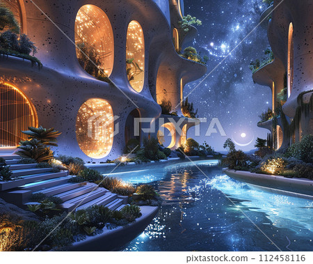 Space oasis with sparkling stars, dreamy nebulae, and high-tech floating gardens 112458116