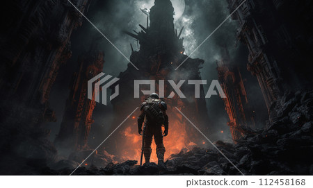 Space warlock a cosmic sword against a backdrop of a star-filled nebula. Dark prophet futuristic with a galaxy swirl cloak. Dark astronaut, with demonic aura. Hell's emissary, cybernetic wings. 112458168