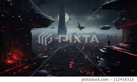 Space warlock a cosmic sword against a backdrop of a star-filled nebula. Dark prophet futuristic with a galaxy swirl cloak. Dark astronaut, with demonic aura. Hell's emissary, cybernetic wings. 112458318