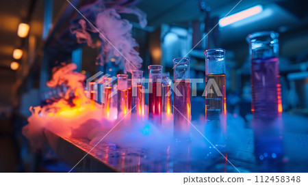 Eerie glow of chemical reactions in a lab, with no one there to witness 112458348