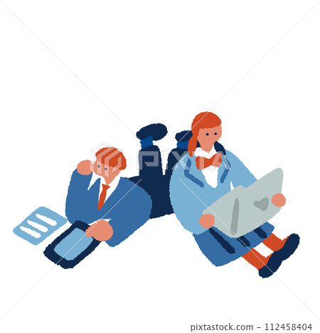 Simple and flat illustration of a child in uniform studying Simple and flat illustration of a child in uniform studying 112458404
