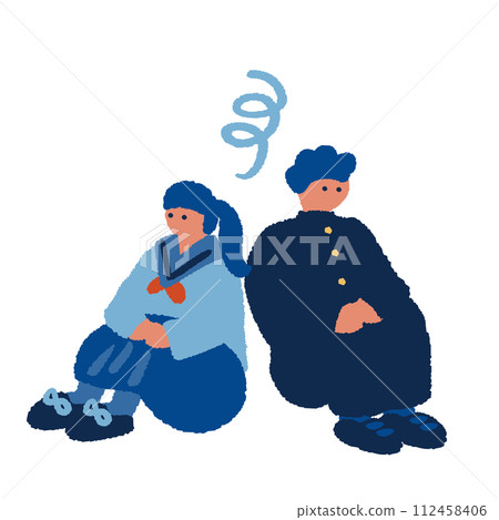 A simple and flat illustration of a child wearing a uniform with a troubled expression A simple and flat illustration of a child wearing a uniform with a troubled expression 112458406