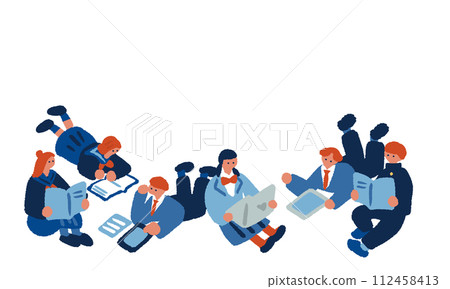 Simple and flat illustration of a child in uniform studying 112458413
