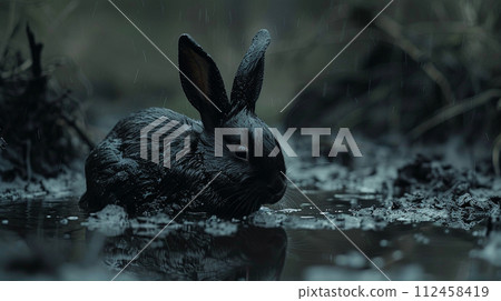 Eerie rabbit reflection in a lake of dark molten chocolate, under a night sky Eerie rabbit reflection in a lake of dark molten chocolate, under a night sky 112458419