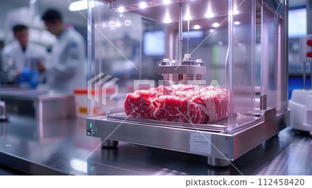 Lab grown meat. Showcasing the future of food with cultured beef in high tech laboratory. Innovative food technology. Sustainable and ethical alternative to traditional meat production. Generative AI Lab grown meat. Showcasing the future of food with cultured beef in high tech laboratory. Innovative food technology. Sustainable and ethical alternative to traditional meat production. Generative AI 112458420