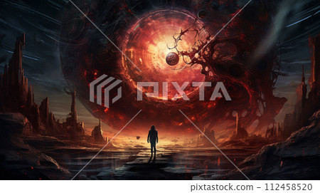 Space warlock a cosmic sword against a backdrop of a star-filled nebula. Dark prophet futuristic with a galaxy swirl cloak. Dark astronaut, with demonic aura. Hell's emissary, cybernetic wings. 112458520