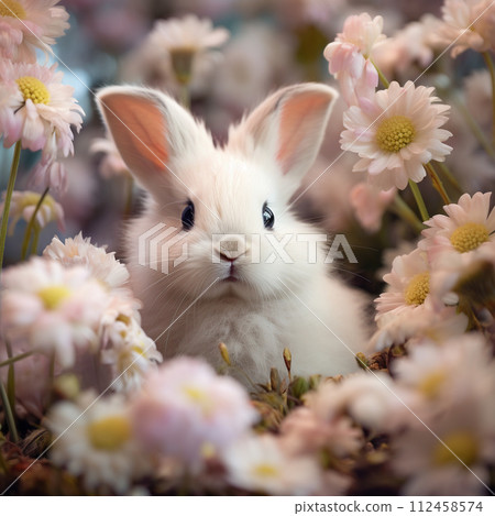Mystical Rabbit sits on a path in enchanted forest landscape. magical forest with swirling clouds and floating lights. Easter egg. Watercolor style. 112458574