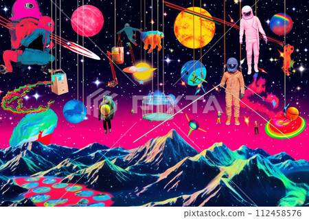 Bright galaxy collage, pop art stars fusion. A vibrant and surreal montage with planets, astronauts, animals, and people against a starry space backdrop. 112458576