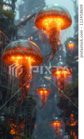 Steampunk jellyfish with eerie lights, floating in a vampire's coral domain 112458609
