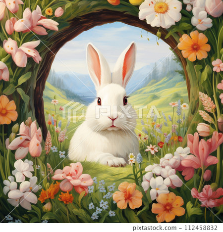 Mystical Rabbit sits on a path in enchanted forest landscape. magical forest with swirling clouds and floating lights. Easter egg. Watercolor style. 112458832