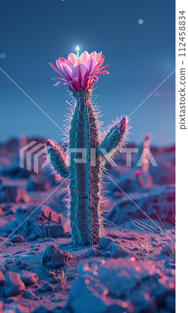 Cactus with neon blooms, solitary beacon on a barren asteroid 112458834