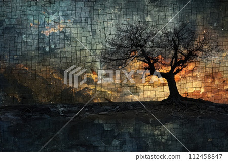 Twisted tree forms with quilt inspired patterns emerge from the darkness, a blend of nature and abstract art. Vibrant abstract quilted tapestry artwork intricate patterns and gradian 112458847