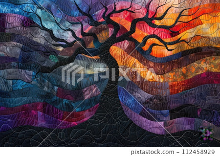 Twisted tree forms with quilt inspired patterns emerge from the darkness, a blend of nature and abstract art. Vibrant abstract quilted tapestry artwork intricate patterns and gradian 112458929