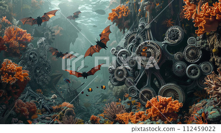 Coral reefs shaped like steampunk gears, with vampire bats flying overhead 112459022