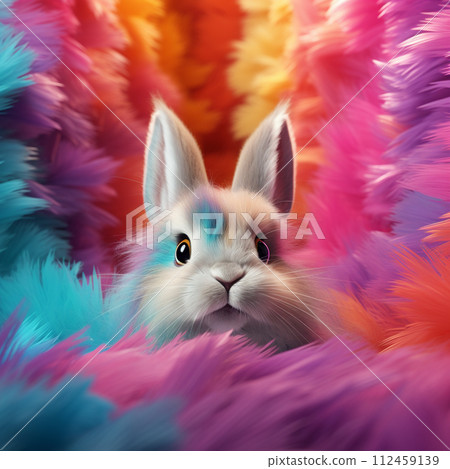 Cute furry rabbit from behind a color. Easter egg. Cute furry rabbit from behind a color. Easter egg. 112459139