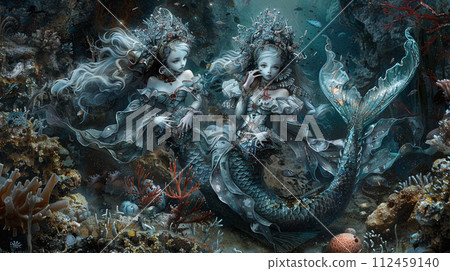 Gothic mermaids with steampunk tails, hiding in the shadows of a coral reef 112459140