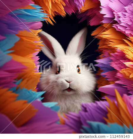 Cute furry rabbit from behind a color. Easter egg. 112459143