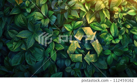 Green recycling symbol with green leaf background. Green energy solutions and sustainable power engineering and eco-friendly technology. Generative AI 112459162