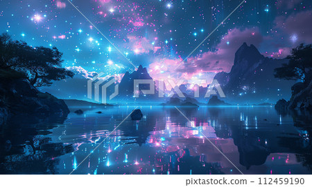 Cyberpunk dreamscape, neon sparkles and holographic stars above floating islands 112459190
