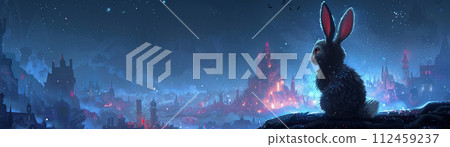 Sinister rabbit watching over a dream realm of crumbling dessert castles 112459237