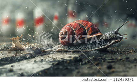 Snail turbo flames speed on a mission speeding through a snail at neon urban. Snail captured in a dynamic, sunlit scene, embodying movement and the beauty of nature. 112459371