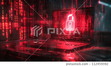 Cybersecurity. Padlock on a desk displaying on Laptop. Cyber attack on computer network, Virus, Spyware, Malware or Malicious software. Cybercrime. Compromised information internet. Generative AI 112459392
