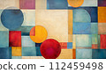 Abstract blend of textured geometric shapes and circles, modern style. Modern abstract painting featuring a dynamic composition of geometric shapes in bold, vibrant colors on canvas. 112459498