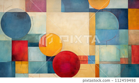 Abstract blend of textured geometric shapes and circles, modern style. Modern abstract painting featuring a dynamic composition of geometric shapes in bold, vibrant colors on canvas. 112459498