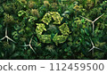 Green recycling symbol with sunrise over a field with wind turbines. Green energy solutions and sustainable power engineering and eco-friendly technology. Generative AI 112459500