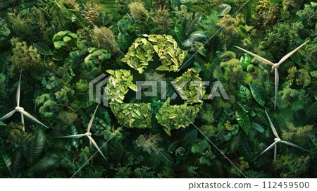 Green recycling symbol with sunrise over a field with wind turbines. Green energy solutions and sustainable power engineering and eco-friendly technology. Generative AI 112459500