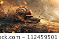 Snail turbo flames speed on a mission speeding through a snail at neon urban. Snail captured in a dynamic, sunlit scene, embodying movement and the beauty of nature. 112459501