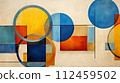 Abstract blend of textured geometric shapes and circles, modern style. Modern abstract painting featuring a dynamic composition of geometric shapes in bold, vibrant colors on canvas. 112459502