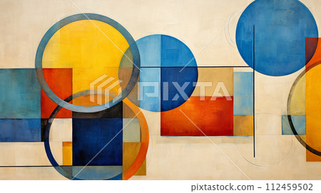 Abstract blend of textured geometric shapes and circles, modern style. Modern abstract painting featuring a dynamic composition of geometric shapes in bold, vibrant colors on canvas. 112459502