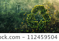 Green recycling symbol with sunrise over a field with wind turbines. Green energy solutions and sustainable power engineering and eco-friendly technology. Generative AI 112459504